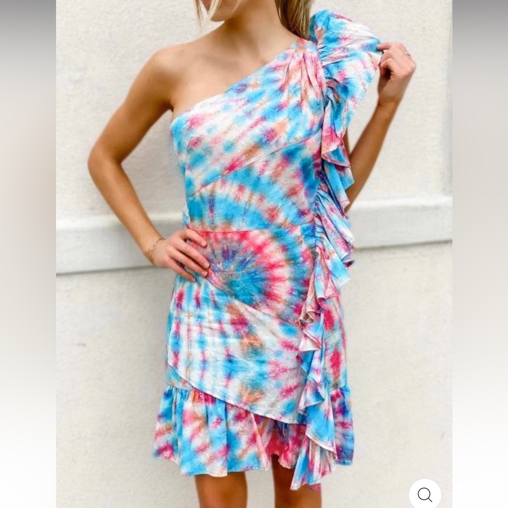 NWT Alla Berman Leila One-Shoulder Tie-Dye Ruffle Dress